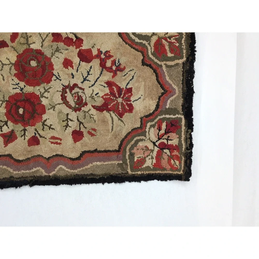 Vintage Hand Hooked Rug 24x37 Primitive Red Gold Floral Pattern Cottagecore